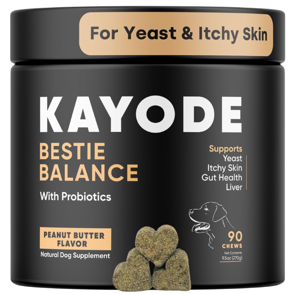 Kayode Bestie Balance dog yeast supplement bottle supports gut health and skin comfort.