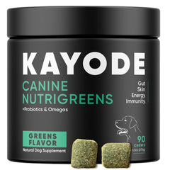 Kayode Canine NutriGreens packaging front shows no mess chews for easy daily use.
