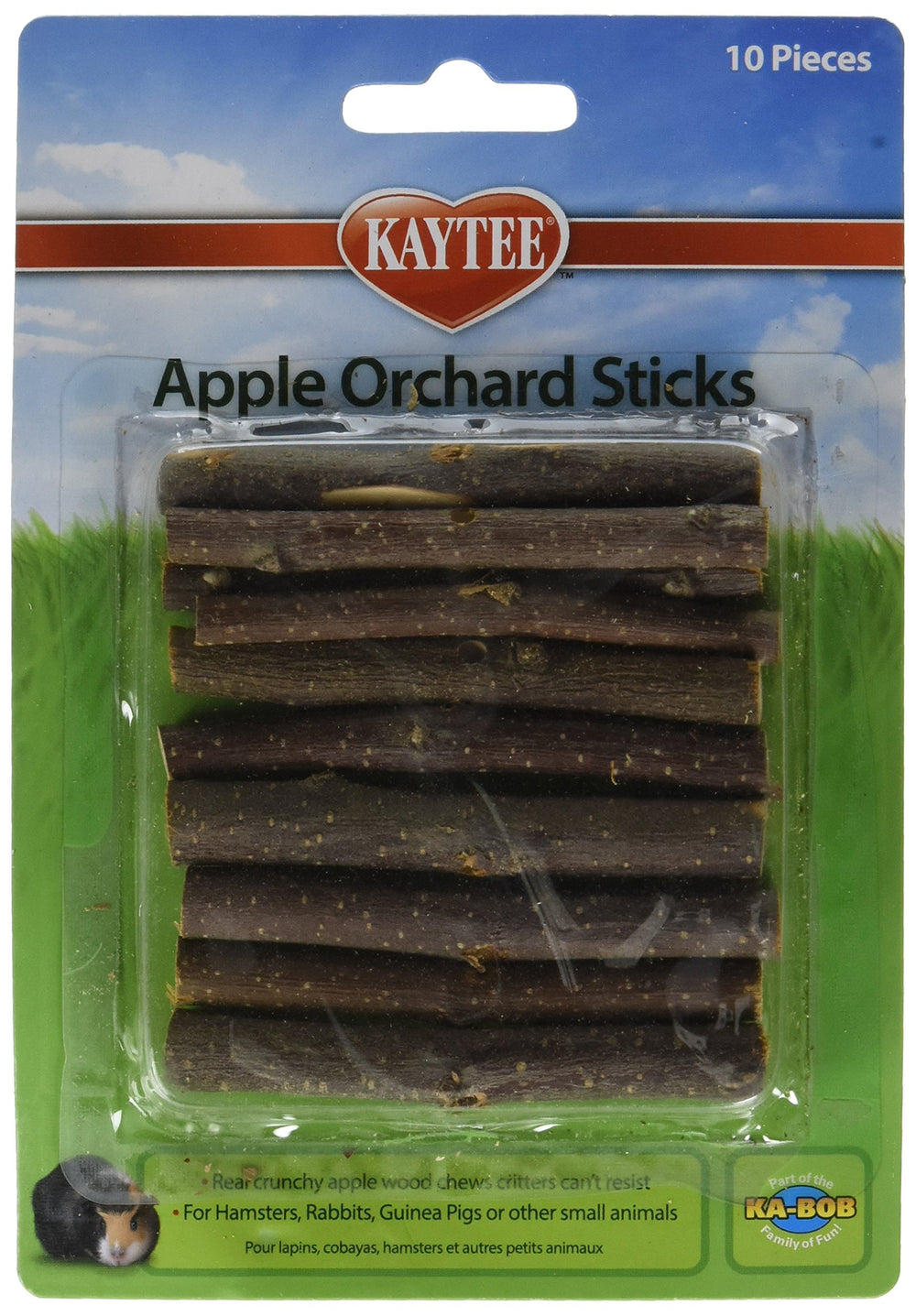 Kaytee Apple Orchard Sticks 5-pack packaging provides enrichment and bite-sized chewing.