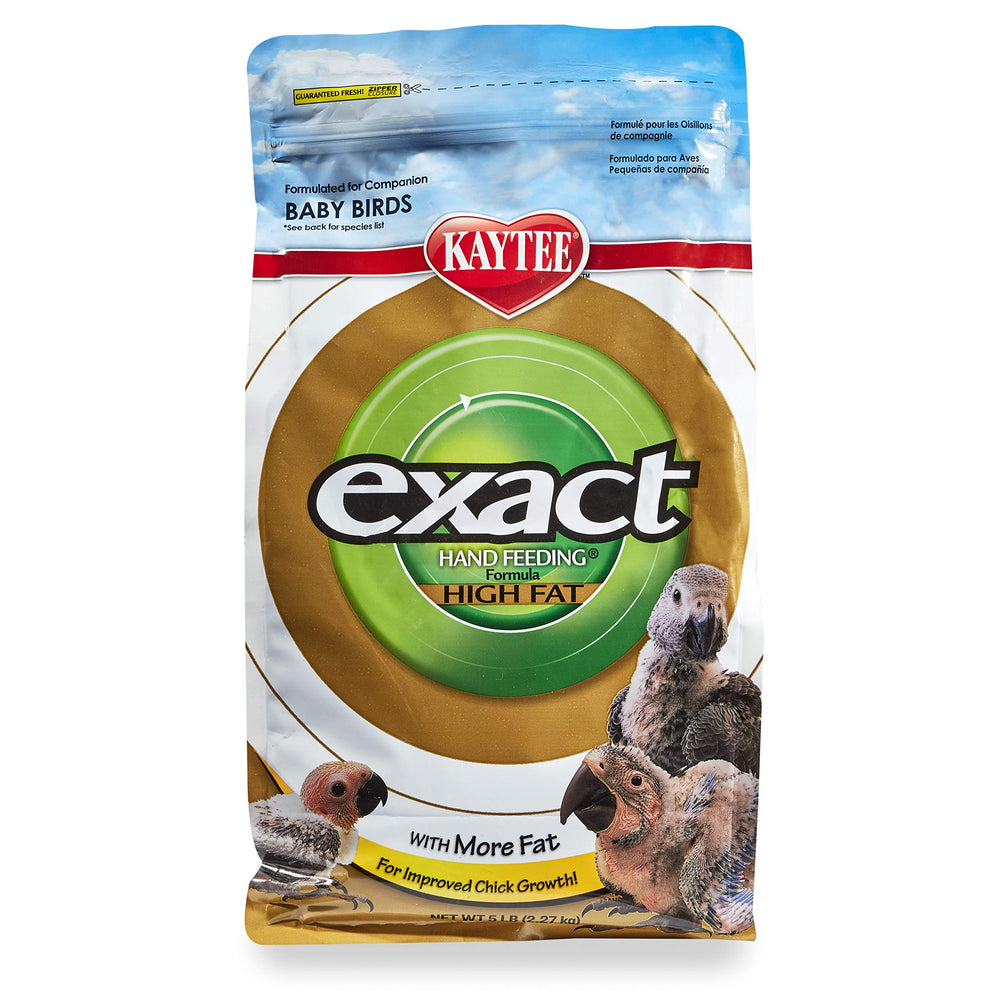 Kaytee Exact Hand Feeding High Fat Formula packaging highlights balanced nutrition for growing chicks.