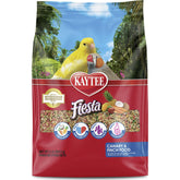 Kaytee Fiesta Max canary/finch 2lb packaging shows balanced seed mix for small birds.