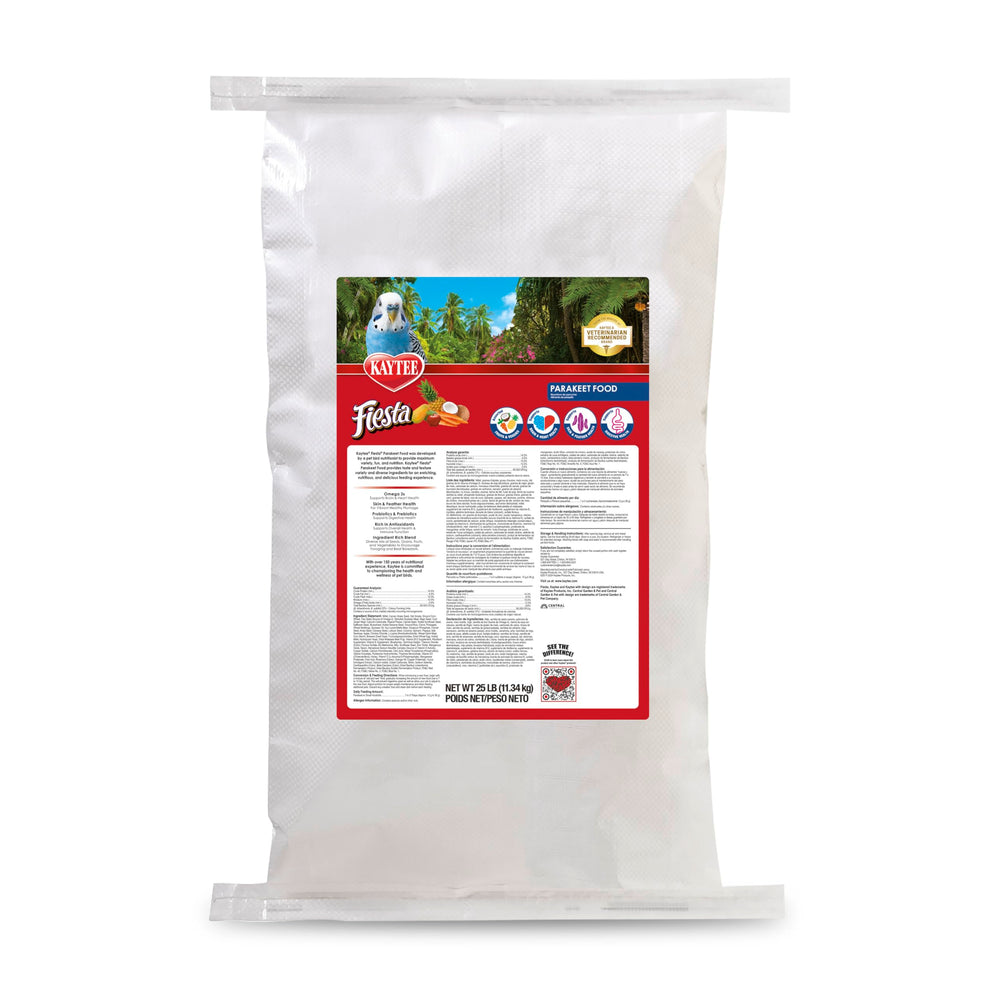 Kaytee Fiesta parakeet food bag label showcases premium ingredients for vibrant plumage.