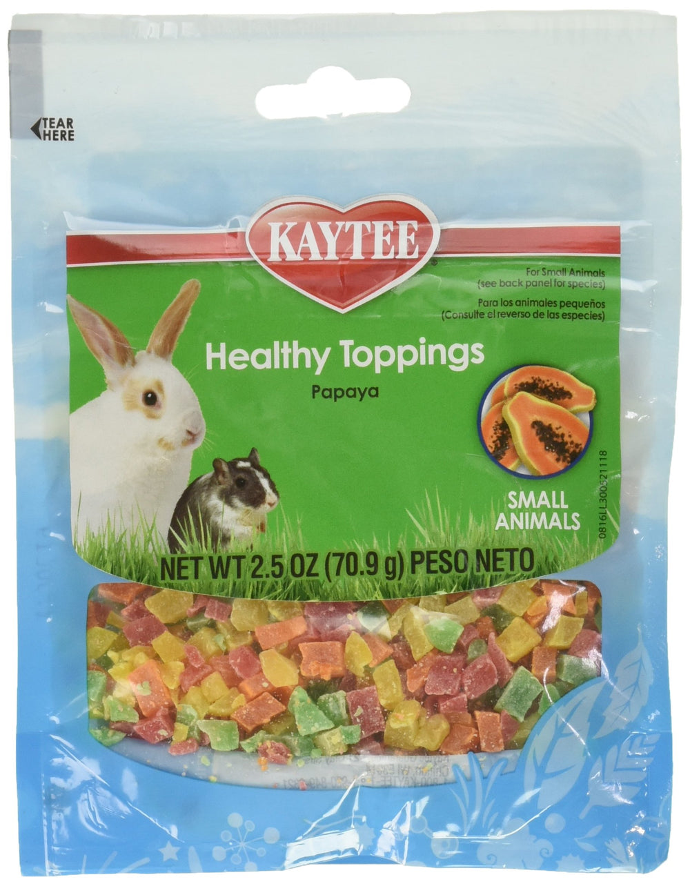 Kaytee Healthy Toppings Papaya packaging highlighting natural fruit treat for small animals