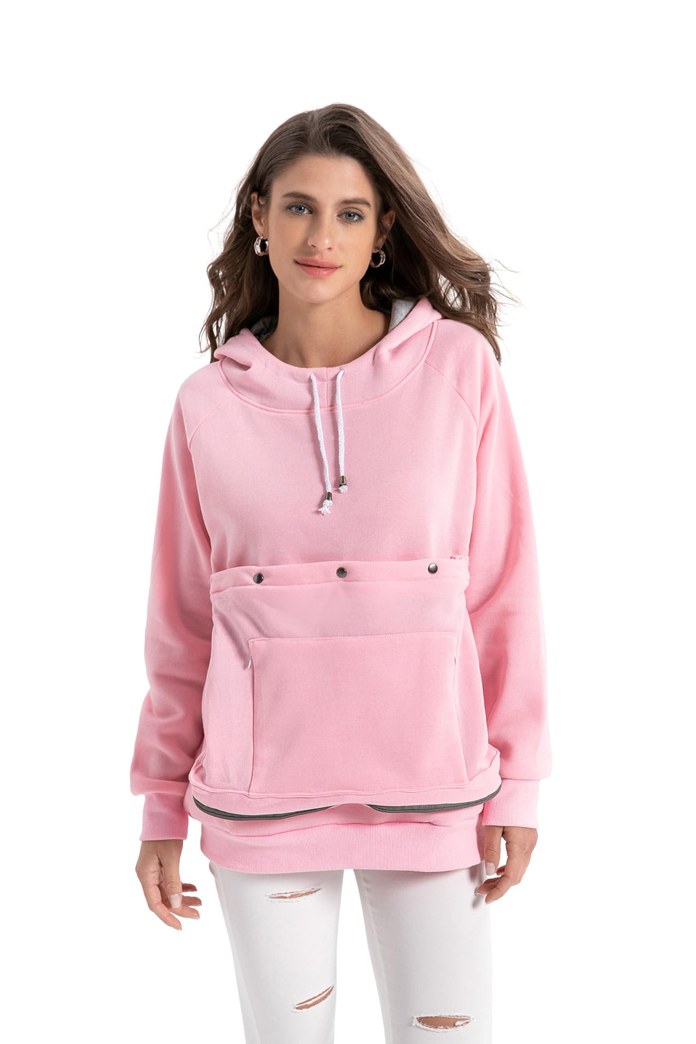 Kei Tomlison pet pouch hoodie front view for hands-free pet carrying