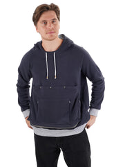 Kei Tomlison navy pouch hoodie front view for hands-free pet carrying during walks