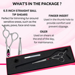 Kenchii Love dog grooming scissors balltip safety feature enables gentle trimming near delicate areas.