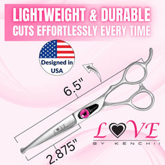 Kenchii Love dog grooming scissors ergonomic offset handles reduce wrist strain during grooming.