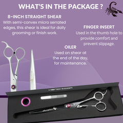 Kenchii Scorpion 8inch straight shear in use for efficient dog grooming.