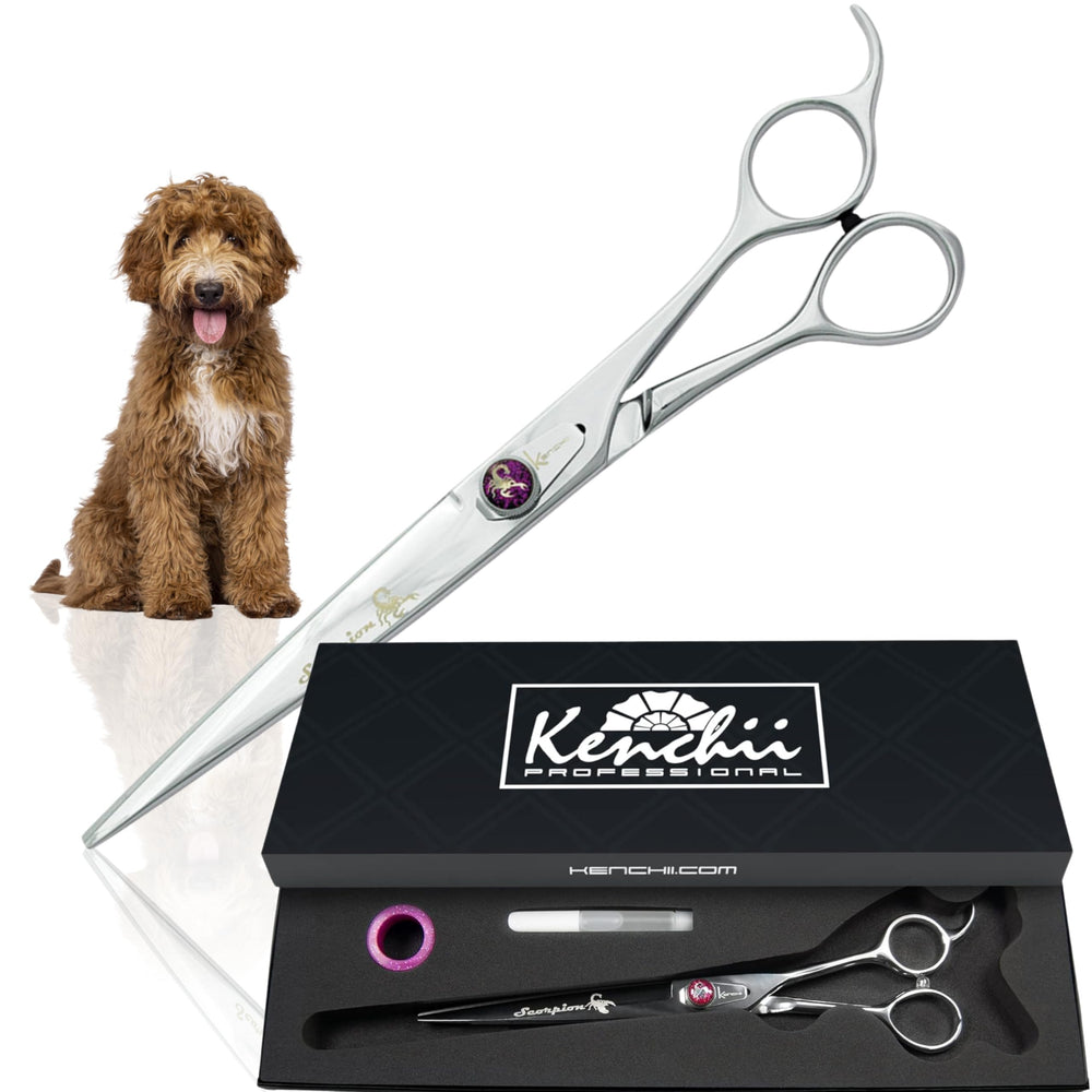 Kenchii Scorpion 8inch straight shear close-up showing precise edge for grooming.