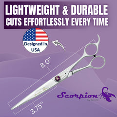 Kenchii Scorpion 8inch straight shear ergonomic handle for comfortable long grooming sessions.