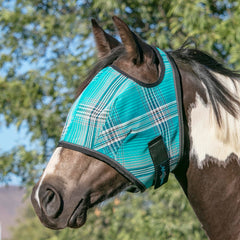 Kensington Fly Mask Atlantis in-use close-up shows breathable webbing and secure fit.