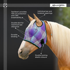 Kensington fly mask dual ear holes provide stable fit for horses sensitive to ear coverage.