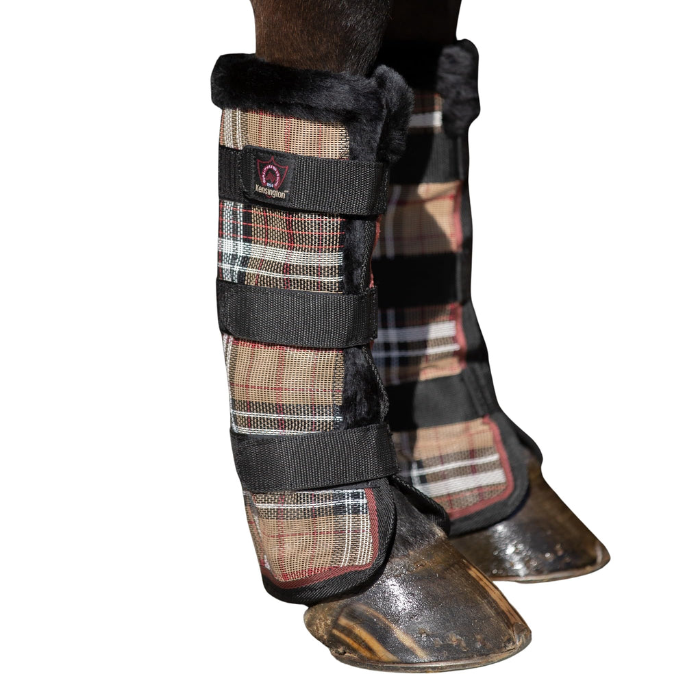 Kensington Horse Fly Boots front view in deluxe black with fleece trim for leg protection.