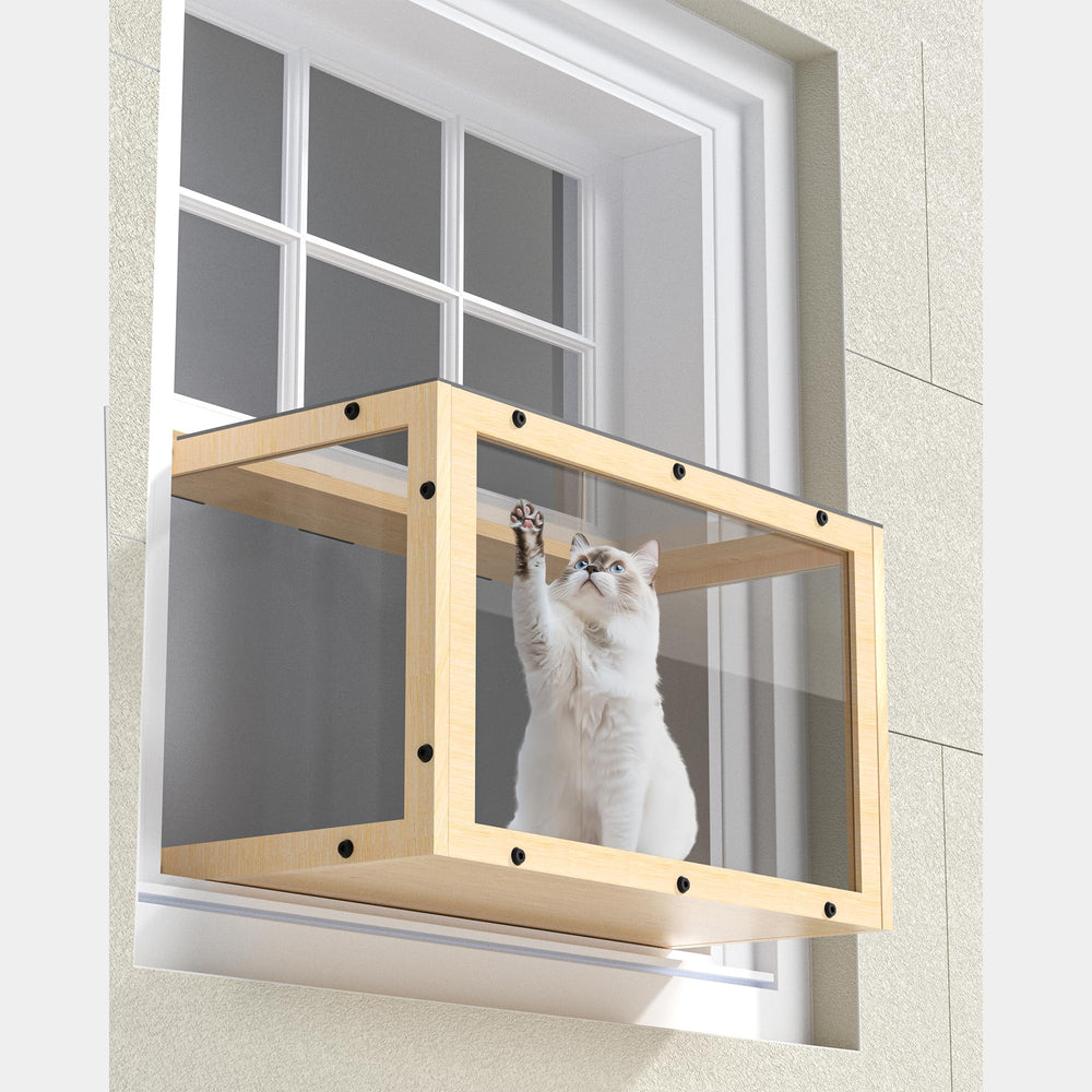 KGCCIZI Window Cat Perch Catio side view shows sturdy wooden frame for indoor cats