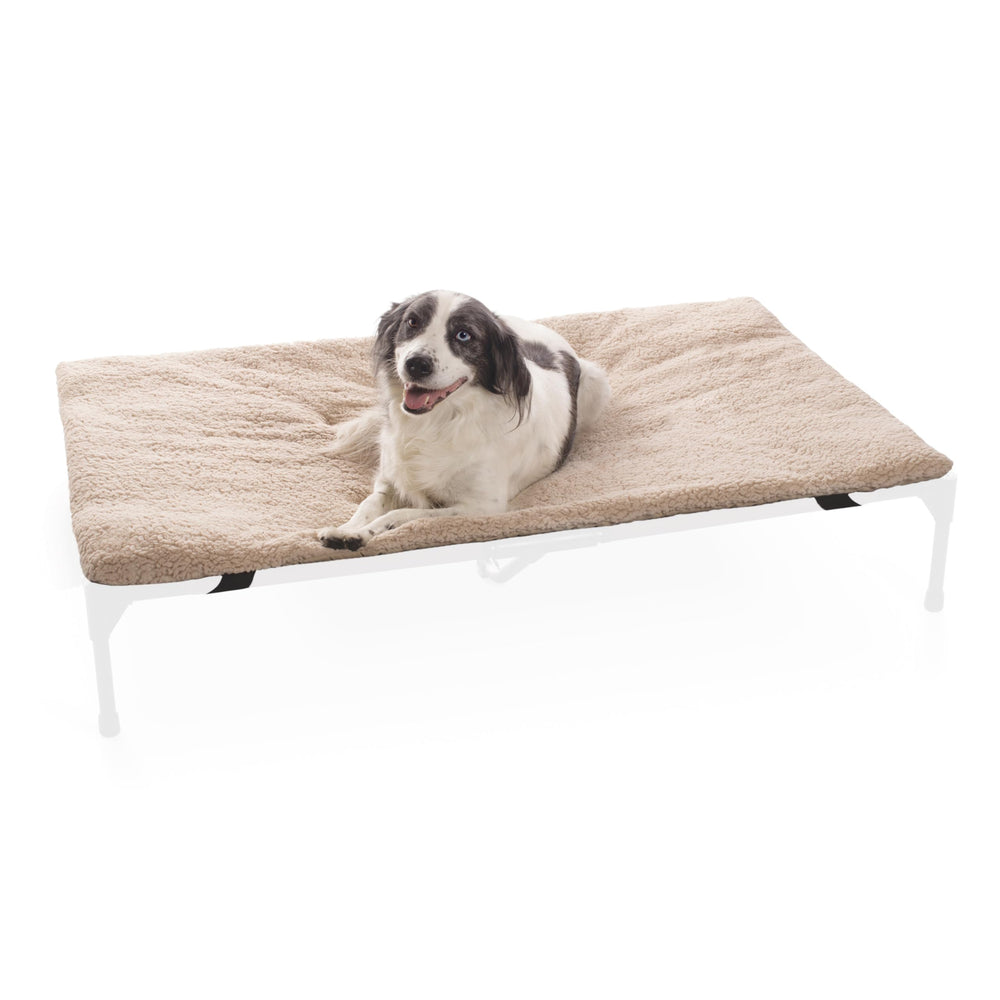 K&H Pet Products dog cot pad pillow-top shows plush comfort for cozy naps on an elevated bed.
