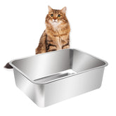 Kichwit extra-large stainless steel open litter box side view with high sides reducing mess.
