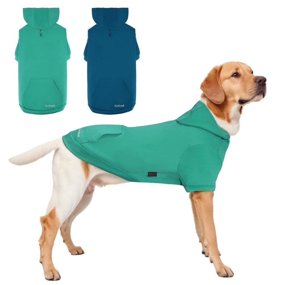 Kickred dog hoodie front view in turquoise shows cozy cotton blend.