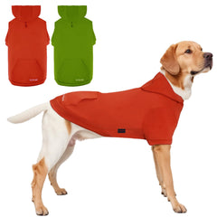 Kickred dog hoodie front view in grass green and orange for cozy walks