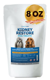 Kidney Restore bacon dog treats 8oz packaging showing a travel-friendly snack.