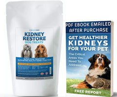 Kidney Restore dog treat packaging highlights a renal-support formula for healthy kidneys.