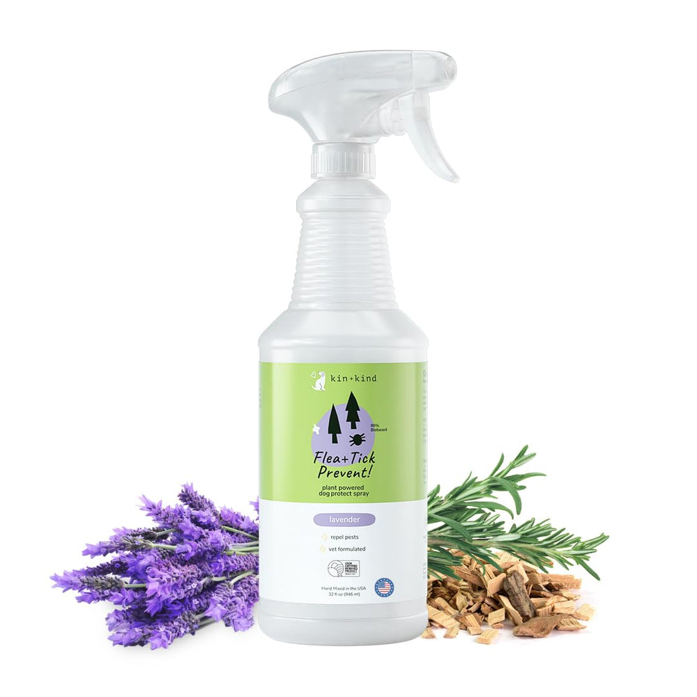 kin-kind flea tick protect spray lavender 32oz bottle ready for gentle pet care
