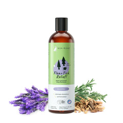 kin+kind flea-tick-shampoo-dog-bottle with lavender scent for a calming plant-powered bath.