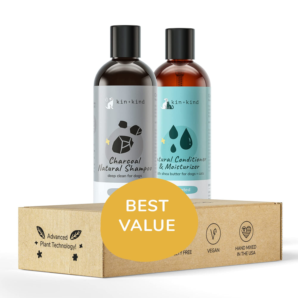 kin+kind natural cat and dog shampoo set packaging for easy at-home grooming.