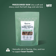 King Lou Pets duck heart macro shot highlights taurine, zinc, and iron in a nutrient-rich bite.