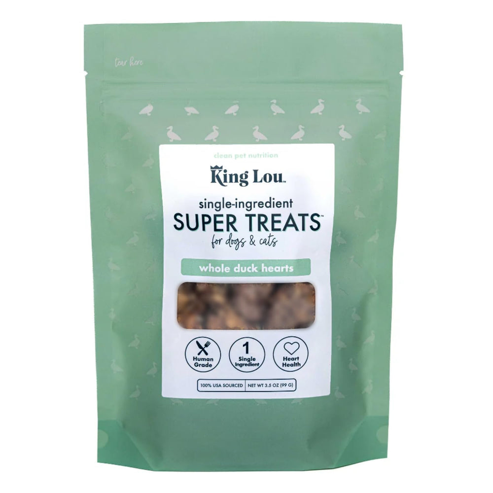 King Lou Pets packaging shows USA-made single-ingredient duck hearts for dogs and cats.