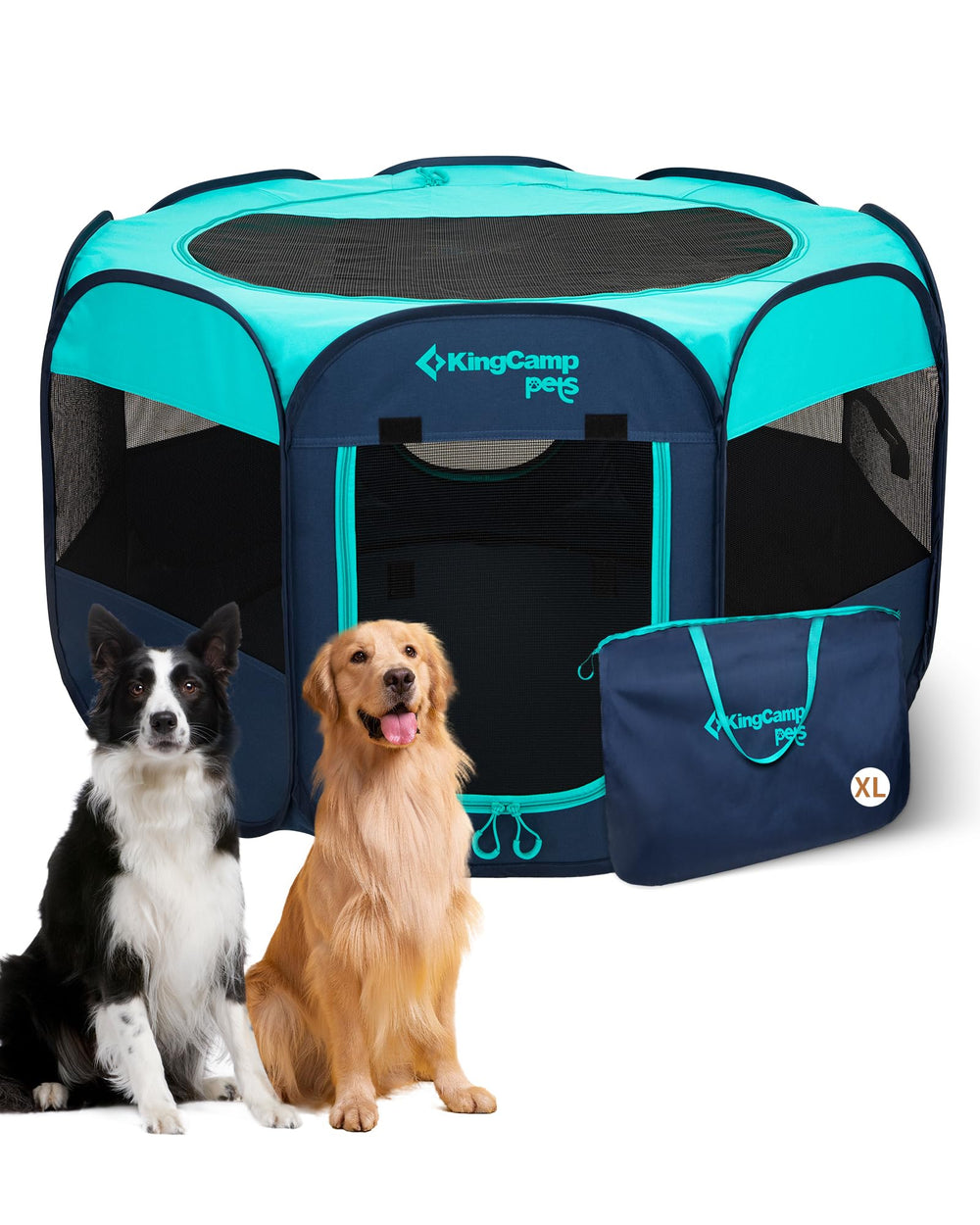 KingCamp dog playpen outdoor setup shows sturdy green fabric and breathable mesh for safe outdoor fun.