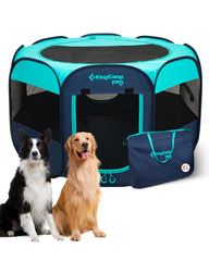 KingCamp dog playpen outdoor setup shows sturdy green fabric and breathable mesh for safe outdoor fun.