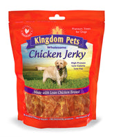 Kingdom Pets Chicken Jerky Treats ingredients visible, simple three-ingredient formula for clean feeding