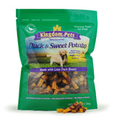 Kingdom Pets duck jerky sweet potato bag showing grain-free, high-protein training snack