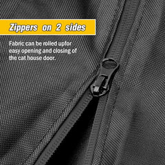 Kingling outdoor cat house cover at door area shows dual-zip design for simple entry.