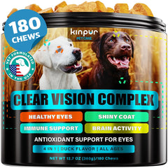 Kinpur Eye Vitamins bottle closeup for dogs supports vision and comfort.