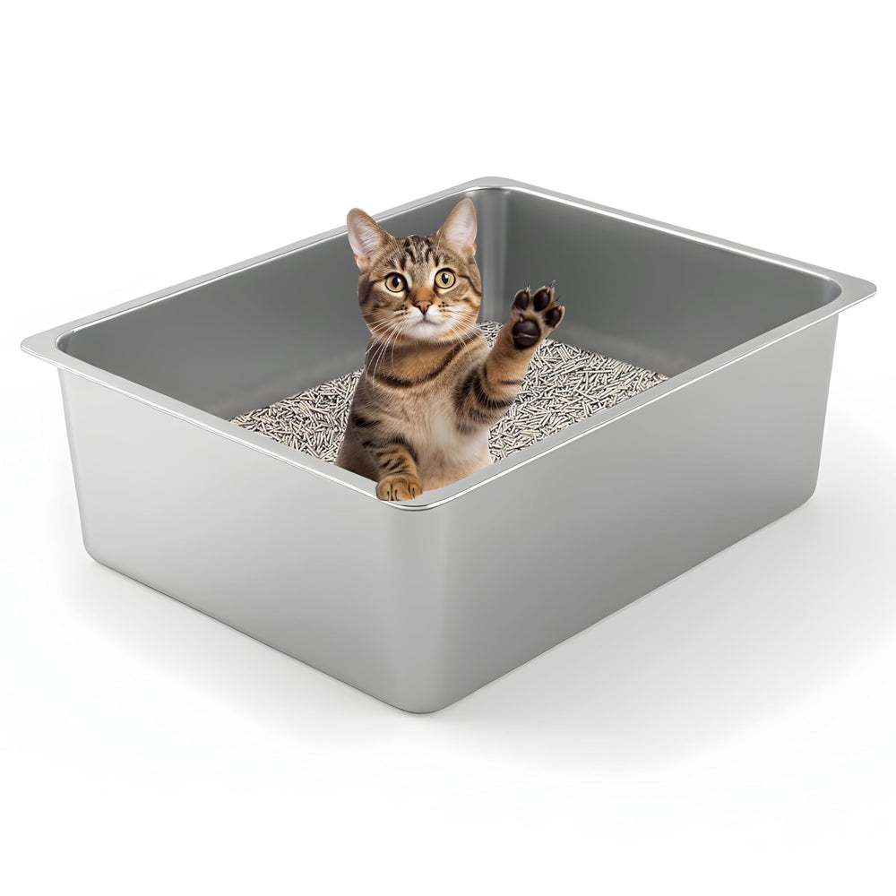 Kirecoo caja de arena para gato, vista frontal, acero inoxidable.
