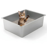 Kirecoo caja de arena para gato, vista frontal, acero inoxidable.