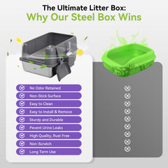 KISENG XL stainless steel litter box front angle, tall sides reduce litter scatter