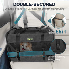 KISFLY pet-travel-bag mounted in car with seat-belt compatibility for secure road trips.