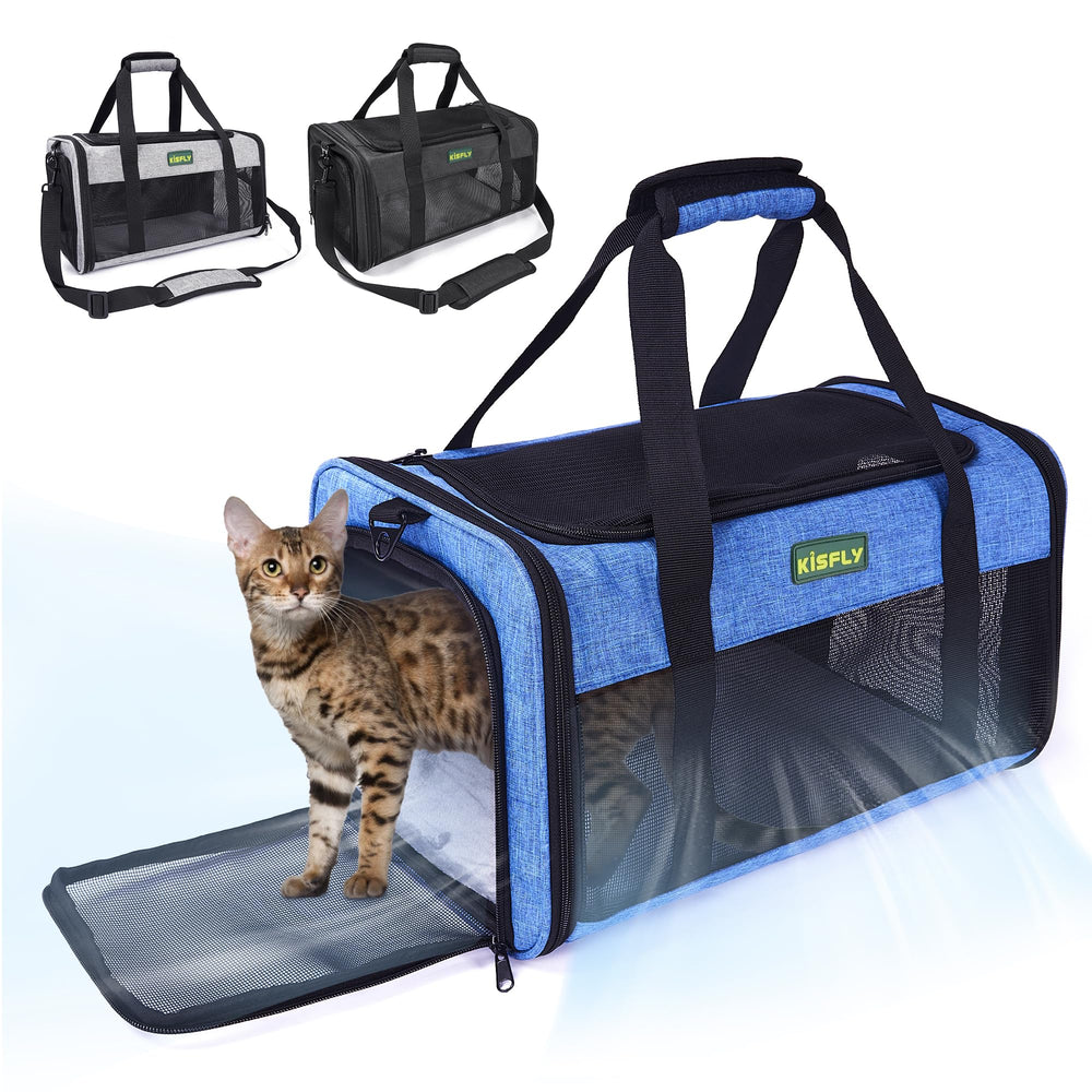 KISFLY TSA-approved cabin carrier in blue for small pets up to 12 lb, ideal for in-flight use.