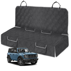 Kistrba dog seat cover on Bronco back seat safeguards against fur and dirt.