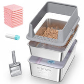 KITCATY stainless steel sifting litter box with lid offers roomy space and odor control.