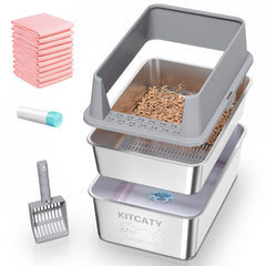 KITCATY stainless steel sifting litter box with lid offers roomy space and odor control.