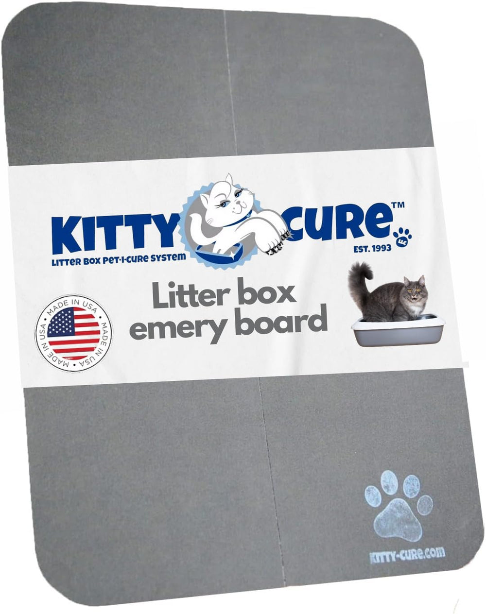 Kitty Cure cat nail file scratcher demonstrates seamless claw care during litter box use