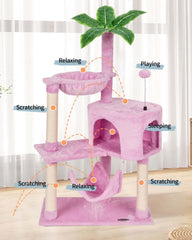 KIYUMI pink cat tree with hammock perch for cozy lounging and observation.