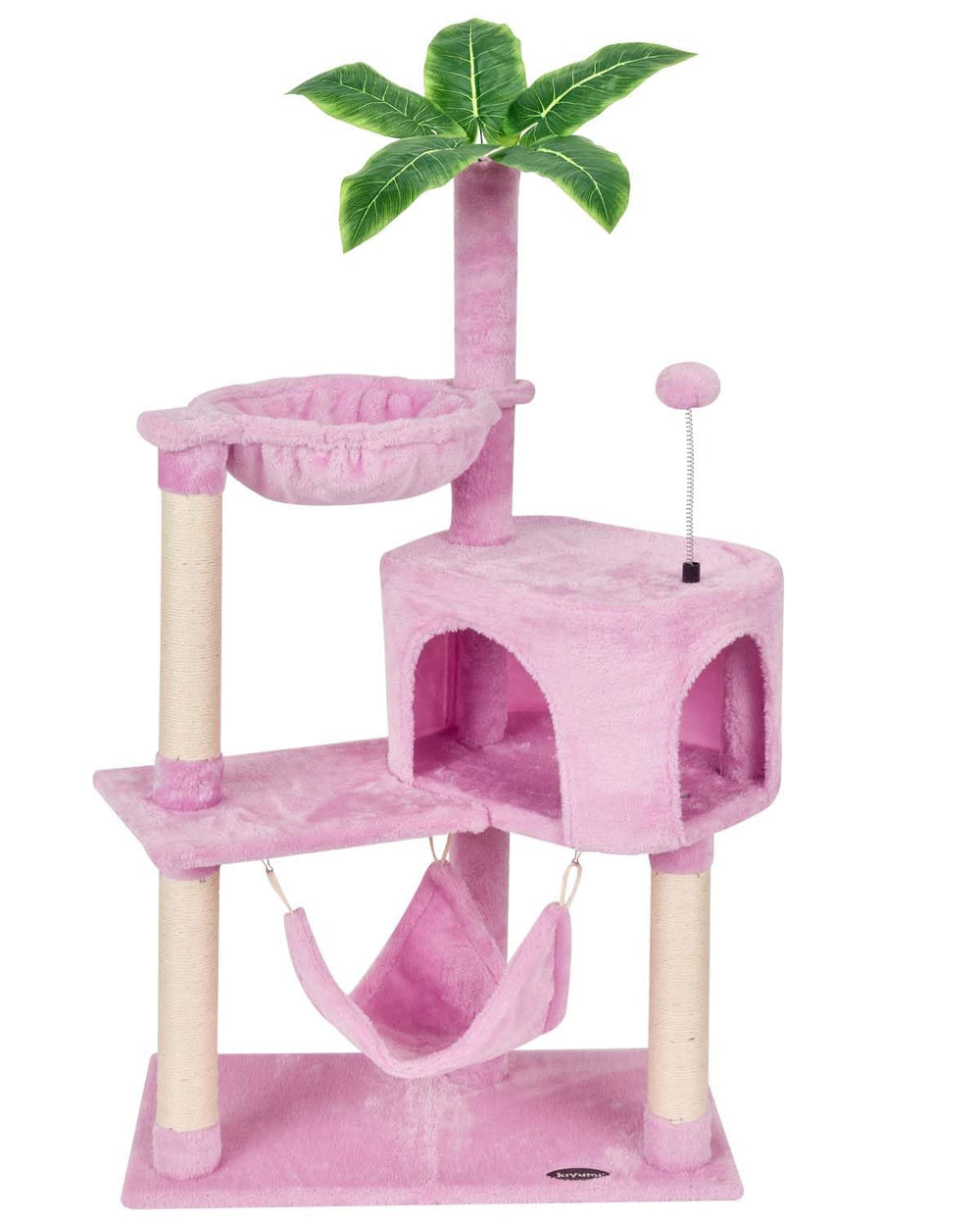 KIYUMI cat tree with sisal post and hammock perch for indoor play.