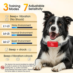 KJKZO bark collar modes panel displays 3 correction modes and 7 sensitivity levels for customizable training.
