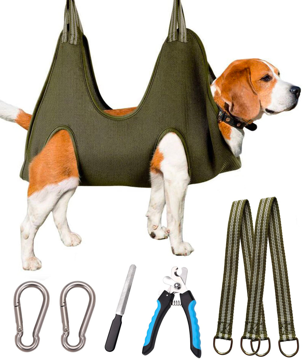 Kkiimatt dog grooming hammock harness front view with sturdy mesh for secure nail trimming