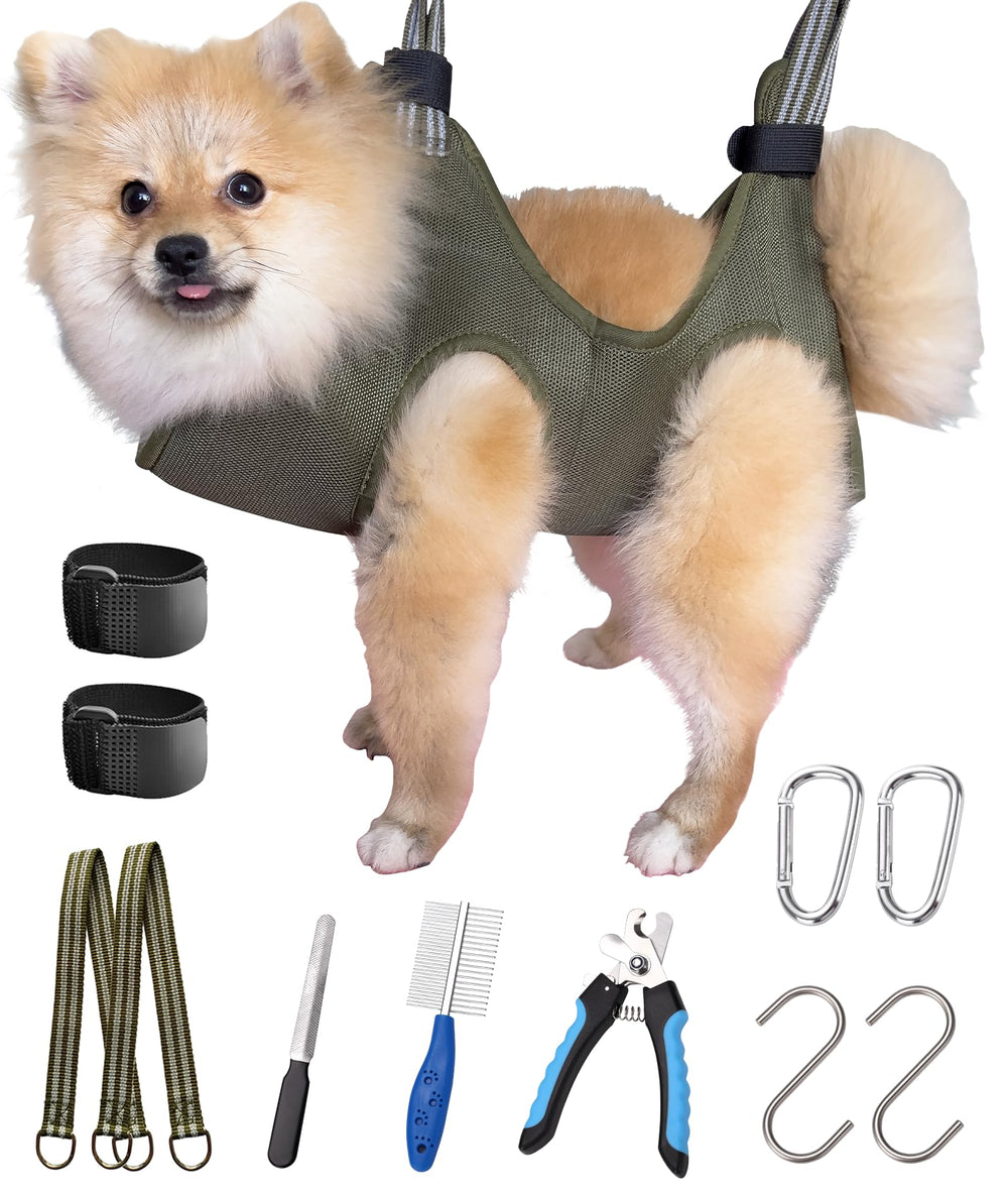 Kkiimatt dog grooming hammock harness setup shows secure, comfortable restraint for safe nail care.