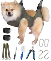 Kkiimatt dog grooming hammock harness setup shows secure, comfortable restraint for safe nail care.
